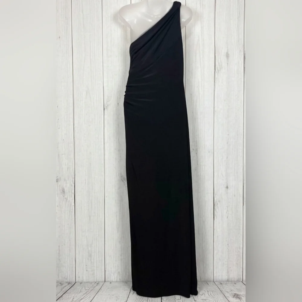NWT Lauren Ralph Lauren Black One-Shoulder Ruched Gown 4 Tall Friendly Gala - Picture 3 of 16